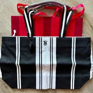 Victoria's Secret Black&White Striped Weekender Canvas Tote Bad NWT